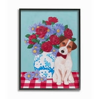 Stupell Industries virágváza kutya piros kék állati háziállatok festménye fekete keretes művészeti nyomtatási fal művészet, 16x20