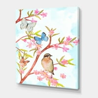 Okos madár ülve egy tavaszi fa ágán, pillangókkal festett vászon art nyomtatás