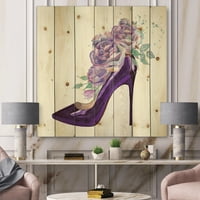Designart 'rózsaszín ibolya rózsák sötét lila stiletto cipővel' hagyományos nyomtatás természetes fenyőfán