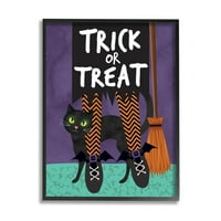 Stupell Industries Trick vagy Treat Cat & Witch Graphic Art Fekete Keretes Art Print Wall Art, Design by Linda Birtel