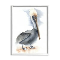 Stupell Industries Louisiana Pelican ülő, csőr tengerparti madár portré modern festmény fehér keretes művészeti nyomtatott fali