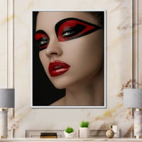 Designart 'Red ajkak fekete smink a maszk lány szemén' Modern keretes vászon fali művészet nyomtatás