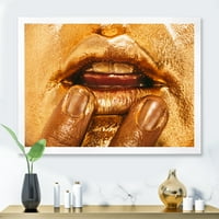 Designart 'A női ajkak közeli képe fényes arany sminktel i' Modern keretes művészeti nyomtatás