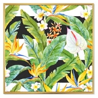 Sárga virágok és trópusi lombozat IV keretes festmény vászon művészeti nyomtatás