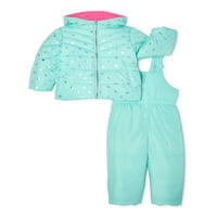 Rózsaszín platina baba kisgyermek lány virágos téli dzseki kabát és hó nadrág vállpántos szett