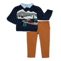 Wonder Nation Baby Boy & Toddler Boy üdülési pulóver, gombos ing és nadrág öltözött ruhakészlet, 3 darab, 0 3m-5T