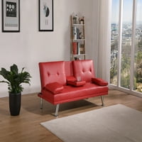 Aukfa összecsukható futon kanapé felnőtt nappali szoba- bőr nappali kanapé-kupa-tartóval- piros