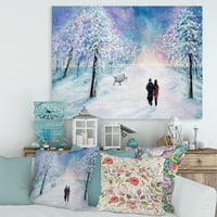 Designart 'Pár szerelmes pár sétál a havas téli időkben' hagyományos vászon fali művészet nyomtatás