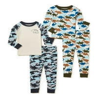 Wonder Nation Baby és kisgyermek fiú hosszú ujjú, megfelelő fitt pamut pizsamák, 4 részes szett, mérete 12m-5T