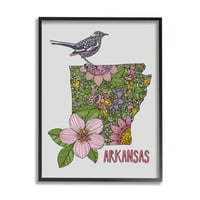 Stupell Industries bonyolult Arkansas Virágmintás Mockingbird Blossom Grafikus Art Fekete Keretezett Art Print Wall Art, Design