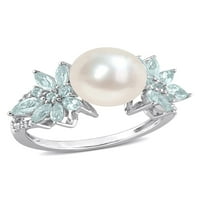 A Miabella női édesvízi tenyésztett gyöngy és 1- Carat T.G.W. Aquamarine és Carat T.W. Gyémánt 14KT fehérarany klaszter virággyűrű