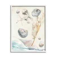 Stupell Beach Shore fröccsenő tengeri kagyló tájfestés Fehér keretes művészeti nyomtatási fal művészet