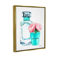 Stupell Industries Teal Blue Parfume palack és rózsaszín pünkösdies metál arany keretes úszó vászon fali művészet, 16x20