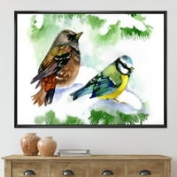 Erdészeti madarak ülnek havas fenyőfa ág keretes festmény vászon művészeti nyomtatás