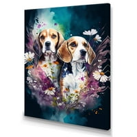 Designart Aranyos Beagles Floral Art Canvas Wall Art