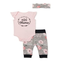 Miniville kislány mini mama bodysuit, nadrág és fejpánt ruházat, 3-pc szett, méret 0-18m