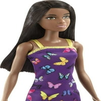 Barbie divat baba fekete haj öltözött színes pillangó nyomtatási ruha