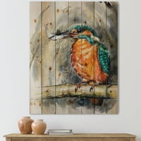 Designart 'Common Kingfisher az ágon, egy kis halat eszik hagyományos nyomtatvány a természetes fenyőfán
