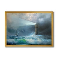 Világítótorony ragyogó fény a viharos felhők alatt éjszaka II keretes festmény vászon art nyomtatás