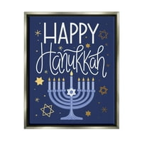 Boldog Hanuka Blue Menorah Patting Graphic Art Luster szürke keretes művészeti nyomtatott fali művészet