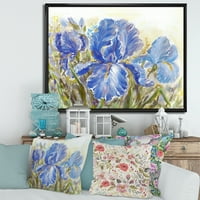 Kék írisz virágzó virágok keretes festmény vászon művészeti nyomtatás