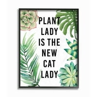 A Stupell Home Decor Collection Plant Lady az új Macskahölgy növényekkel keretes Giclee texturált művészet, 1. 14