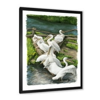 Designart 'Pelicans a folyó víz közelében pihennek' hagyományos keretes művészeti nyomtatás