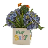 13in. Hortenzia és kaktusz mesterséges elrendezés az új baba vázában