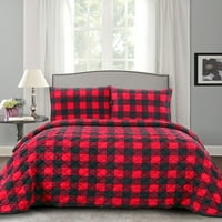 Buffalo Check Print Print Ultra Soft 3-Piece Quilt & Párna SHAM Burgundy Black King