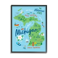 Stupell Industries Mindennapi Michigan illusztrált térkép grafikus művészet fekete keretes művészet nyomtatott fali művészet,