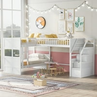 Aukfa hármas emeletes ágy iker iker felett, Wood L alakú ágykeret tároló lépcsőkkel gyerekeknek, fehér