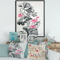 Designart 'rózsaszín vintage lótuszvirág és monokróm levelek' hagyományos keretes vászon fali művészet