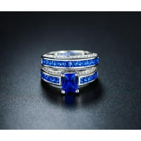 Carat T.G.W. Hercegnő-vágott kék zafír 18KT fehér aranyozott és dupla sávú eljegyzési gyűrű