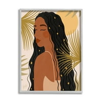 Stupell Industries sivatagi növényi levelek napfényes csillagos hajú nő grafikus art szürke keretes művészet nyomtatott fali
