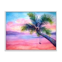 Designart 'Vivid Sunset Landscape Swing and Palm' tengeri és parti keretes vászonfali nyomtatás