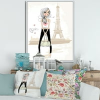 Designart 'Aranyos lány a Párizsi Eiffel -torony túra által' Gyerekművészeti keretes vászonfali nyomtatás