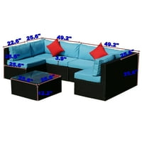 Rattan terasz bútorkészlet, Aukfa kerti terasz kanapé szett U alakú szekcionált kanapéval, üvegasztal, kék cserélhető párnák