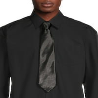 Ezüst címke férfiak hosszú ujjú szilárd ruha ing első mellkasi zsebével és koordináló nyakkendővel