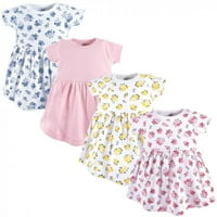 Luvable Friends baba és kisgyermek lány pamut rövid ujjú ruhák 4pk, virágos, 9 hónapos