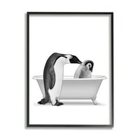 Stupell Industries Penguin & Chick Fürdőszoba Kád Állatok & Rovarok Festés Fekete Keretes Művészet Nyomtatás Wall Art