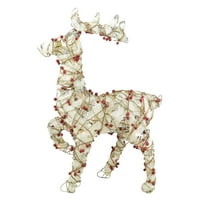 28 Megvilágított állandó zsákvászon és bogyós rattan rénszarvas karácsonyi udvari dekoráció