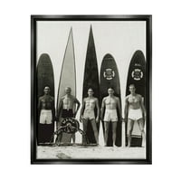 Stupell Industries Vintage Photography Men Surfer Surfboards Beach Sport Phototh Jet fekete úszó keretes vászon nyomtatott fali