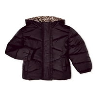 Pink Platinum Girls szilárd kapucnis téli puffer kabát leopárd nyomtatással, méretek 4-16