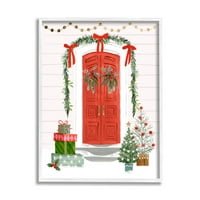 Stupell Industries Red Jolly karácsonyi ajtó grafikus művészet fehér keretes művészeti nyomtatási fal művészet, Victoria Barnes