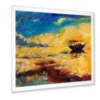 Absztrakt hajó az óceánhorizonton a naplemente keretes festménye során a vászon művészete