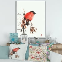 Designart 'Red Bullfinch madár ágon ülés' hagyományos keretes vászon fali művészet