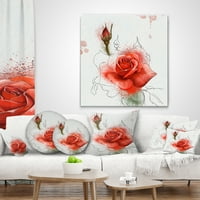 Designart piros akvarell rózsavázlat - Virágos dobás párna - 18x18
