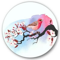 Designart 'rózsaszín madár ül a cseresznye ágon' hagyományos körfém fali művészet - 29 -es lemez