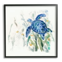 Stupell Industries gyönyörű kék ​​tengeri teknős úszónövények festmény 12, Sally Swatland tervezése