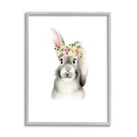 Stupell Industries Aranyos rajzfilm Baby Byny Rabbit virág korona erdei állatfestés grafikus művészet szürke keretes művészet